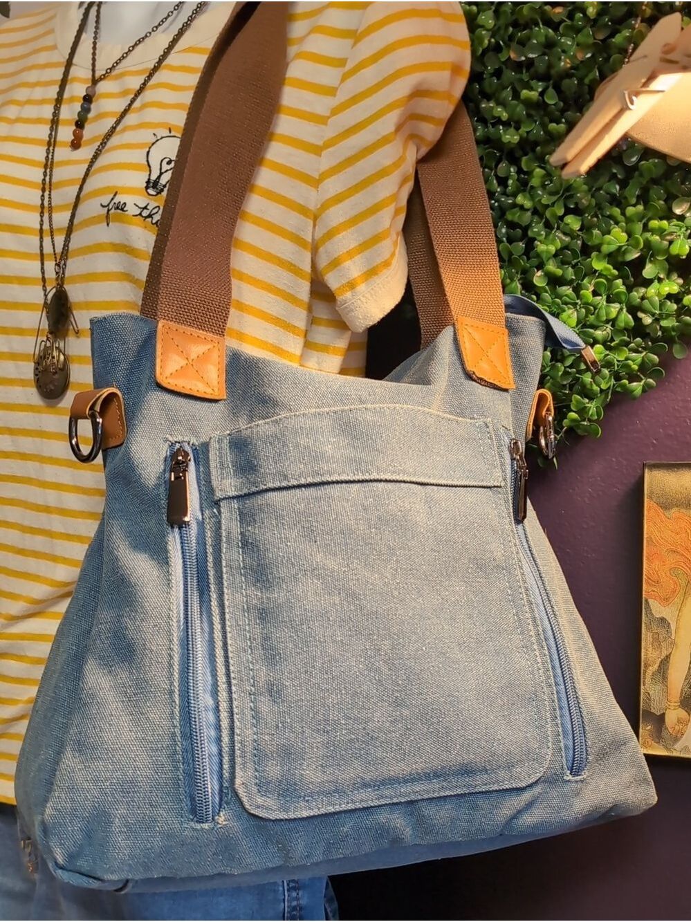 Canvas Tote Bag with Front Side Zip Pockets - Denim Blue - Picture 11 of 11